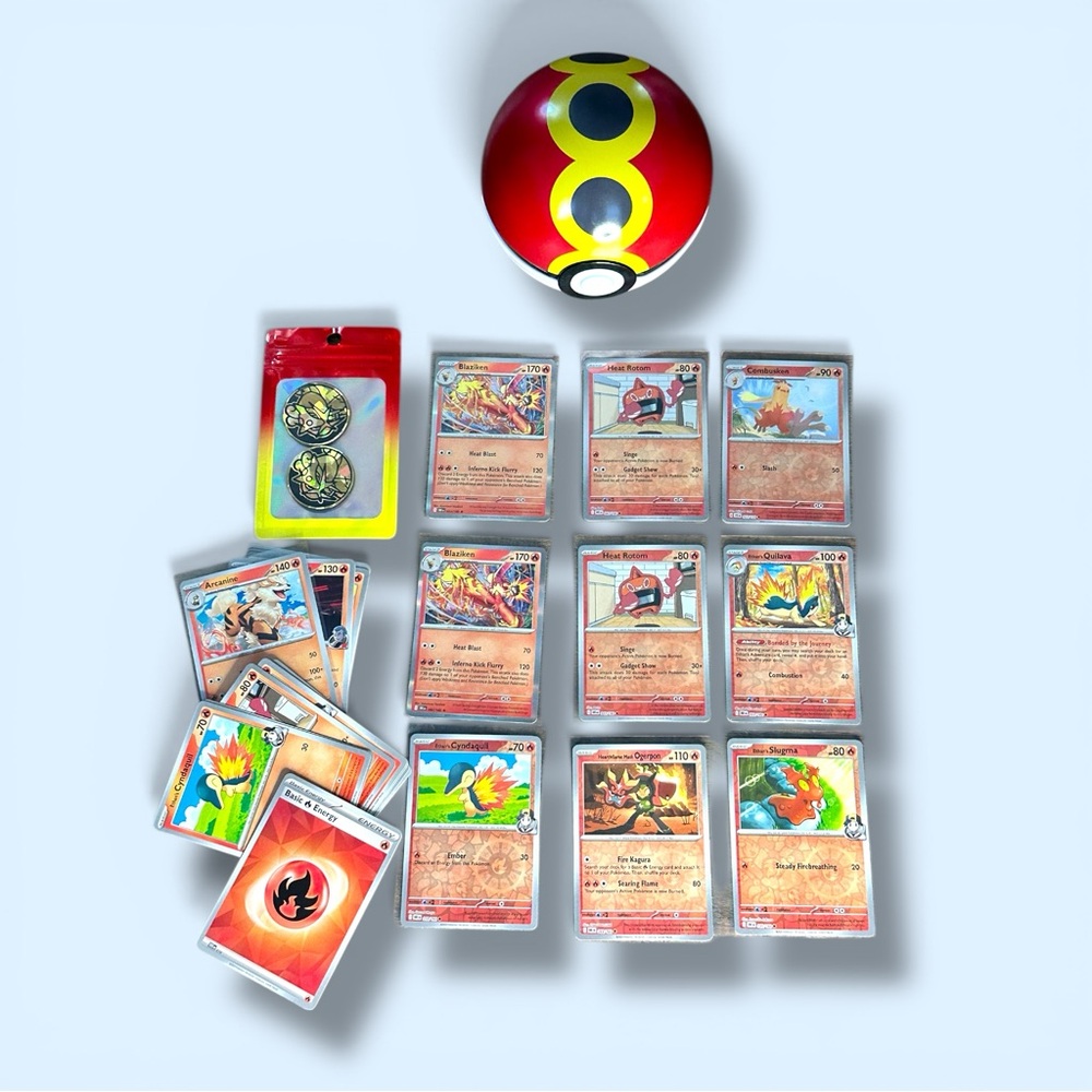 Pokemon collection Fire DRI/JTG 23 trading cards w/ Reverse Poke ball & 2 coins